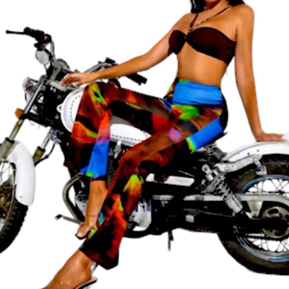 New Womans Tye Dye Multicolour Splash Print High Waist Stretchy Flare Leg Pants - Picture 4 of 9